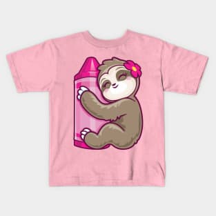 Pink Crayon Coloring Sloth Kids T-Shirt